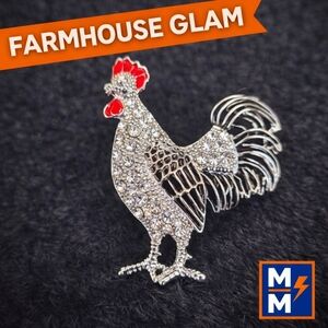 Sparkly Silver Rooster Pin Crystal Rhinestone Farmhouse Statement Brooch
